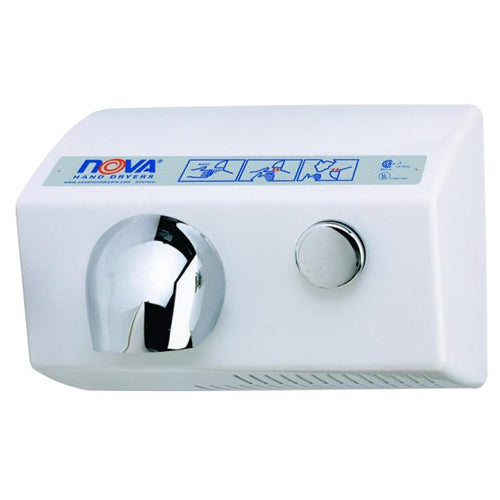 World Dryer 0122, Nova 5 Series Quiet Hand Dryer, 208-240V, Push-Button Operation, Surface Mounted, Aluminum, White