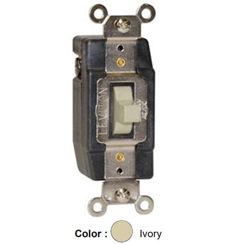 Leviton 1081-I, Low Voltage Momentary Contact Single Pole Double Throw Toggle Switch, Center OFF, Industrial Grade, 3A 24VAC/DC, Self-Grounding, Back & Side Wired, Ivory