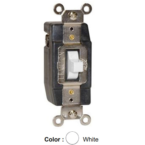 Leviton 1081-W, Low Voltage Momentary Contact Single Pole Double Throw Toggle Switch, Center OFF, Industrial Grade, 3A 24VAC/DC, Self-Grounding, Back & Side Wired, White
