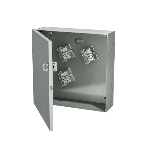EXM 1100 B103, NEMA 1 Splitter Box with Padlockable Latch Cover, 3 Wire, 125 Amp, IP 20, Mild Steel Painted ASA 61 Gray