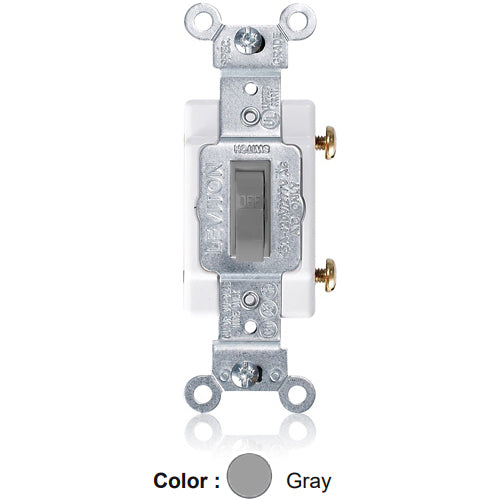 Leviton 1101-CG, Framed Single Pole Toggle Switch, Commercial Specification Grade, 15A 120/277V AC, Side Wire, Non-Grounding, Gray, 2 Packs