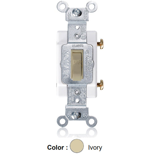 Leviton 1101-CI, Framed Single Pole Toggle Switch, Commercial Specification Grade, 15A 120/277V AC, Side Wire, Non-Grounding, Ivory, 2 Packs