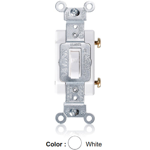 Leviton 1101-CW, Framed Single Pole Toggle Switch, Commercial Specification Grade, 15A 120/277V AC, Side Wire, Non-Grounding, White, 2 Packs