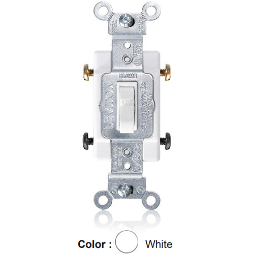 Leviton 1102-CW, Framed Double Pole Toggle Switch, Commercial Specification Grade, 15A 120/277V AC, Side Wire, Non-Grounding, White