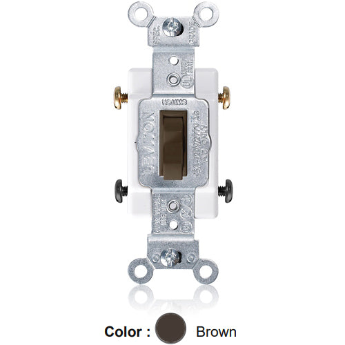 Leviton 1104-CB, Framed 4-Way Toggle Switch, Commercial Specification Grade, 15A 120/277V AC, Side Wire, Non-Grounding, Brown