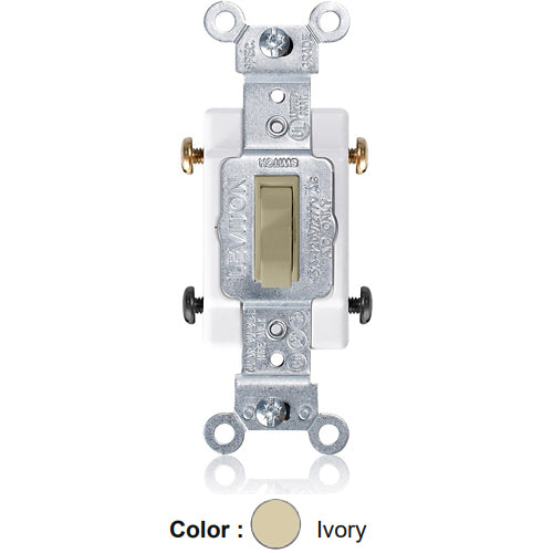 Leviton 1104-CI, Framed 4-Way Toggle Switch, Commercial Specification Grade, 15A 120/277V AC, Side Wire, Non-Grounding, Ivory