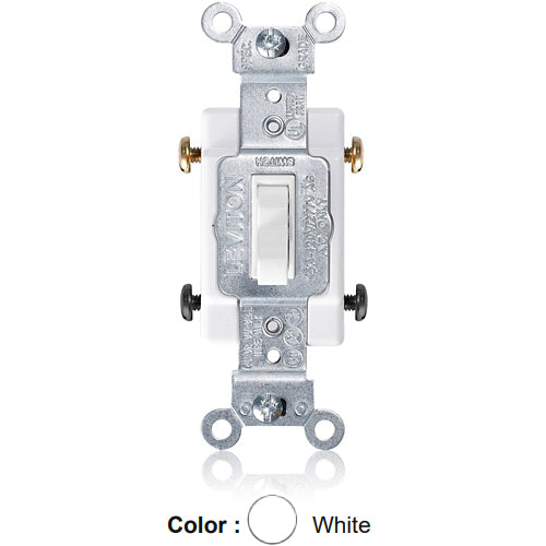 Leviton 1104-CW, Framed 4-Way Toggle Switch, Commercial Specification Grade, 15A 120/277V AC, Side Wire, Non-Grounding, White