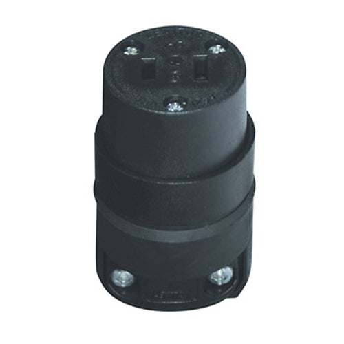 Leviton 115CR, Round Dead Front Polarized Straight Blade Connector, Black Rubber w/ Vinyl Insert, Face and Clamps, 15A 125V, NEMA 1-15R, 2-Pole, 2-Wire, Black