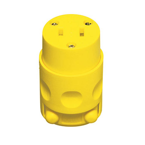 Leviton 115CV, Round Dead Front Polarized Straight Blade Connector, Rubber w/ Vinyl Insert, Face and Clamps, 15A 125V, NEMA 1-15R, 2-Pole, 2-Wire, Yellow