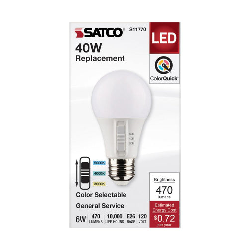 Satco S11770, A19 LED, 120V, 6W, 3000K/4000K/5000K, 470 Lumens, Medium E26 Base, 90 CRI, 24 Packs