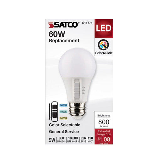 Satco S11771, A19 LED, 120V, 9W, 3000K/4000K/5000K, 800 Lumens, Medium E26 Base, 90 CRI, 24 Packs