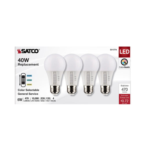 Satco S11774, A19 LED, 120V, 6W, 3000K/4000K/5000K, 470 Lumens, Medium E26 Base, 90 CRI, 4 Packs