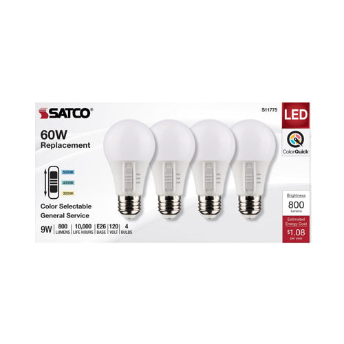 Satco S11775, A19 LED, 120V, 9W, 3000K/4000K/5000K, 800 Lumens, Medium E26 Base, 90 CRI, 4 Packs