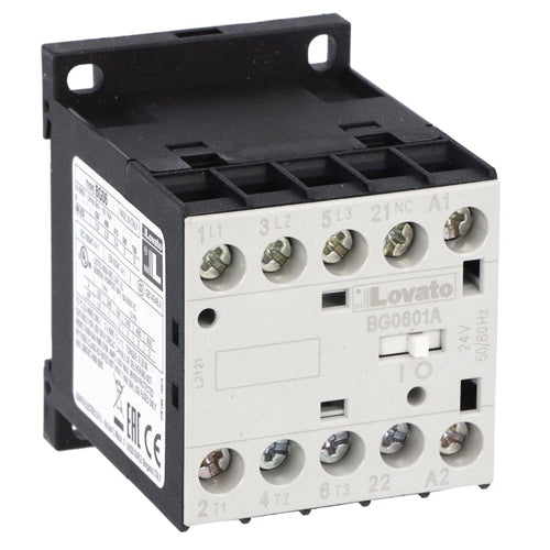 Lovato 11BG0601A024, Three-Pole BG Series Mini Contactor, IEC Operating Current Ie (AC3) = 6A, AC Coil 50/60Hz, 24VAC, 1NC Auxiliary Contact