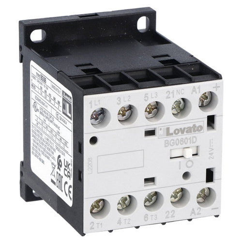 Lovato 11BG0601D024, Three-Pole BG Series Mini Contactor, IEC Operating Current Ie (AC3) = 6A, DC Coil, 24VDC, 1NC Auxiliary Contact