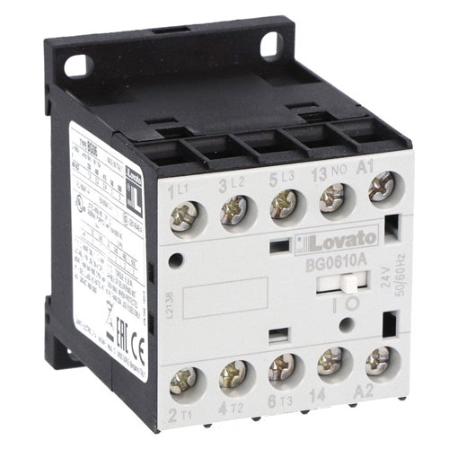 Lovato 11BG0610A02460, Three-Pole BG Series Mini Contactor, IEC Operating Current Ie (AC3) = 6A, AC Coil 60Hz, 24VAC, 1NO Auxiliary Contact