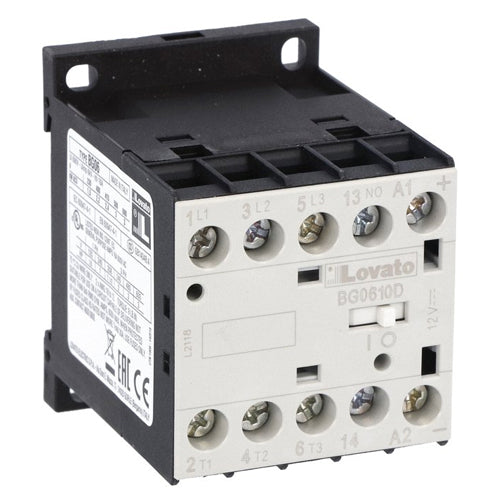 Lovato 11BG0610D012, Three-Pole BG Series Mini Contactor, IEC Operating Current Ie (AC3) = 6A, DC Coil, 12VDC, 1NO Auxiliary Contact