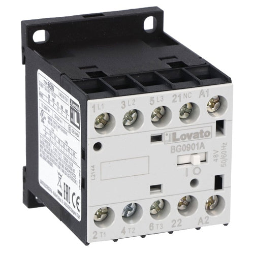 Lovato 11BG0901A024, Three-Pole BG Series Mini Contactor, IEC Operating Current Ie (AC3) = 9A, AC Coil 50/60Hz, 24VAC, 1NC Auxiliary Contact