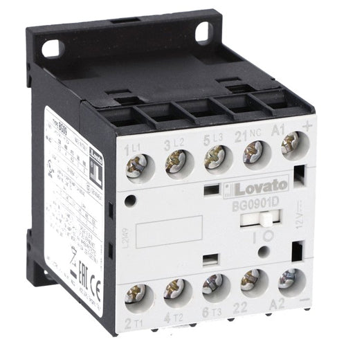 Lovato 11BG0901D024, Three-Pole BG Series Mini Contactor, IEC Operating Current Ie (AC3) = 9A, DC Coil, 24VDC, 1NC Auxiliary Contact