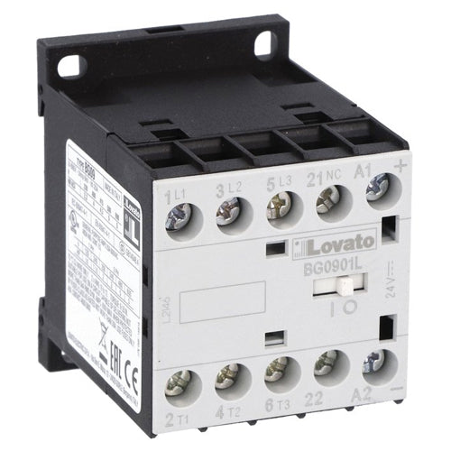 Lovato 11BG0901L024, Three-Pole BG Series Mini Contactor, IEC Operating Current Ie (AC3) = 9A, DC Coil Low Consumption, 24VDC, 1NC Auxiliary Contact