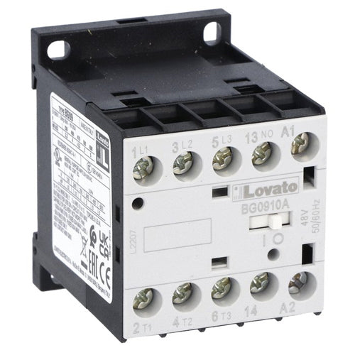 Lovato 11BG0910A02460, Three-Pole BG Series Mini Contactor, IEC Operating Current Ie (AC3) = 9A, AC Coil 60Hz, 24VAC, 1NO Auxiliary Contact
