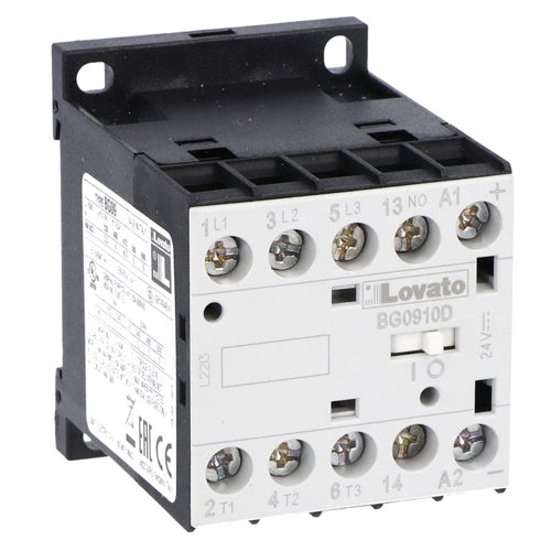 Lovato 11BG0910D012, Three-Pole BG Series Mini Contactor, IEC Operating Current Ie (AC3) = 9A, DC Coil, 12VDC, 1NO Auxiliary Contact