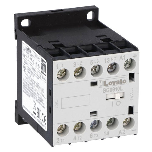 Lovato 11BG0910L024, Three-Pole BG Series Mini Contactor, IEC Operating Current Ie (AC3) = 9A, DC Coil Low Consumption, 24VDC, 1NO Auxiliary Contact