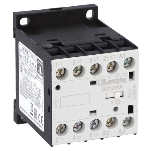 Lovato 11BG1201A02460, Three-Pole BG Series Mini Contactor, IEC Operating Current Ie (AC3) = 12A, AC Coil 60Hz, 24VAC, 1NC Auxiliary Contact