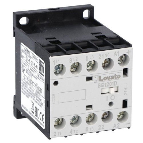 Lovato 11BG1201D024, Three-Pole BG Series Mini Contactor, IEC Operating Current Ie (AC3) = 12A, DC Coil, 24VDC, 1NC Auxiliary Contact