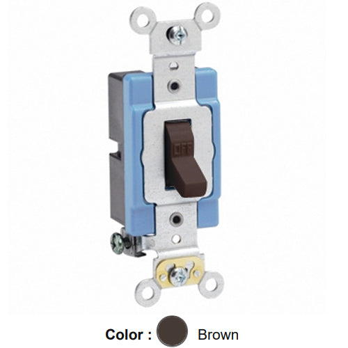 Leviton 1201-2, Standard Single-Pole AC Quiet Toggle Switch, Extra Heavy-Duty Industrial Specification Grade, 15A 120/277V AC, Self Grounding, Back & Side Wired, Brown