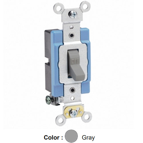 Leviton 1201-2GY, Standard Single-Pole AC Quiet Toggle Switch, Extra Heavy-Duty Industrial Specification Grade, 15A 120/277V AC, Self Grounding, Back & Side Wired, Gray