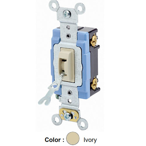Leviton 1201-2IL, Tamper-Resistant (Key) Locking Single-Pole AC Quiet Toggle Switch, Extra Heavy-Duty Industrial Specification Grade, 15A 120/277V AC, Self Grounding, Back & Side Wired, Ivory