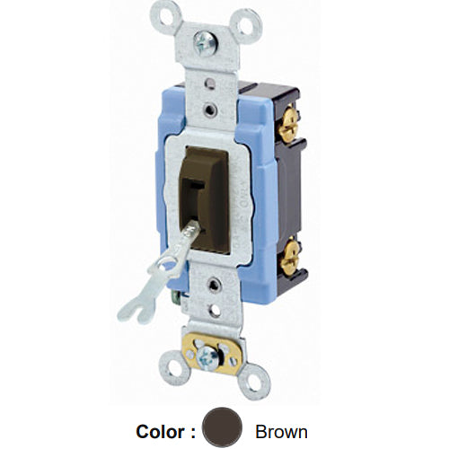 Leviton 1201-2L, Tamper-Resistant (Key) Locking Single-Pole AC Quiet Toggle Switch, Extra Heavy-Duty Industrial Specification Grade, 15A 120/277V AC, Self Grounding, Back & Side Wired, Brown