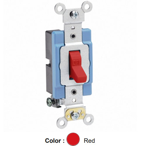 Leviton 1201-2R, Standard Single-Pole AC Quiet Toggle Switch, Extra Heavy-Duty Industrial Specification Grade, 15A 120/277V AC, Self Grounding, Back & Side Wired, Red