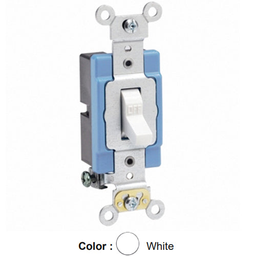 Leviton 1201-2W, Standard Single-Pole AC Quiet Toggle Switch, Extra Heavy-Duty Industrial Specification Grade, 15A 120/277V AC, Self Grounding, Back & Side Wired, White