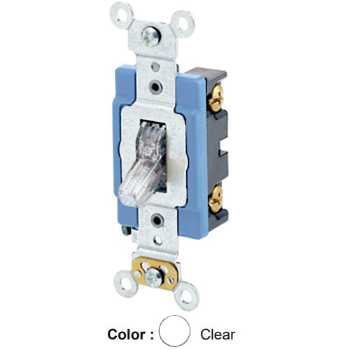 Leviton 1201-LHC, Illuminated OFF Single-Pole AC Quiet Toggle Switch, Lighted Handle, Does Not Require a Neutral Wire, Industrial Grade, 15A 120V AC, Self Grounding, Back & Side Wired, Clear