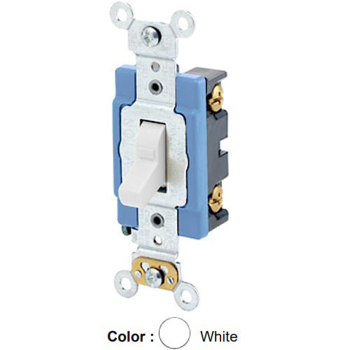 Leviton 1201-LHW, Illuminated OFF Single-Pole AC Quiet Toggle Switch, Lighted Handle, Does Not Require a Neutral Wire, Industrial Grade, 15A 120V AC, Self Grounding, Back & Side Wired, White