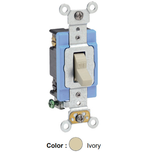 Leviton 1202-2I, Standard Double Pole AC Quiet Toggle Switch, Extra Heavy-Duty Industrial Specification Grade, 15A 120/277V AC, Self Grounding, Back & Side Wired, Ivory