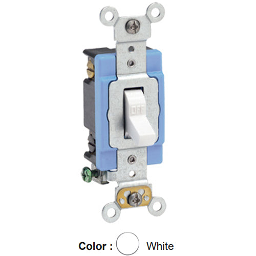 Leviton 1202-2W, Standard Double Pole AC Quiet Toggle Switch, Extra Heavy-Duty Industrial Specification Grade, 15A 120/277V AC, Self Grounding, Back & Side Wired, White