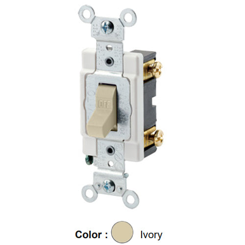 Leviton 12021-2I, Low Voltage Single Pole Toggle Switch, Industrial Grade, 3A 24VAC/DC, Self-Grounding, Back & Side Wired, Ivory