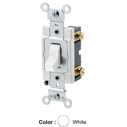 Leviton 12021-2W, Low Voltage Single Pole Toggle Switch, Industrial Grade, 3A 24VAC/DC, Self-Grounding, Back & Side Wired, White