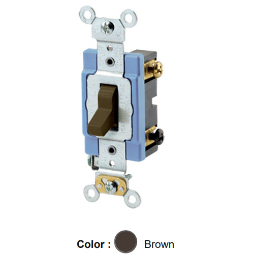 Leviton 1203-2, Standard 3-Way AC Quiet Toggle Switch, Extra Heavy-Duty Industrial Specification Grade, 15A 120/277V AC, Self Grounding, Back & Side Wired, Brown