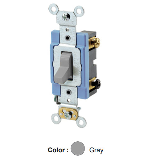 Leviton 1203-2GY, Standard 3-Way AC Quiet Toggle Switch, Extra Heavy-Duty Industrial Specification Grade, 15A 120/277V AC, Self Grounding, Back & Side Wired, Gray