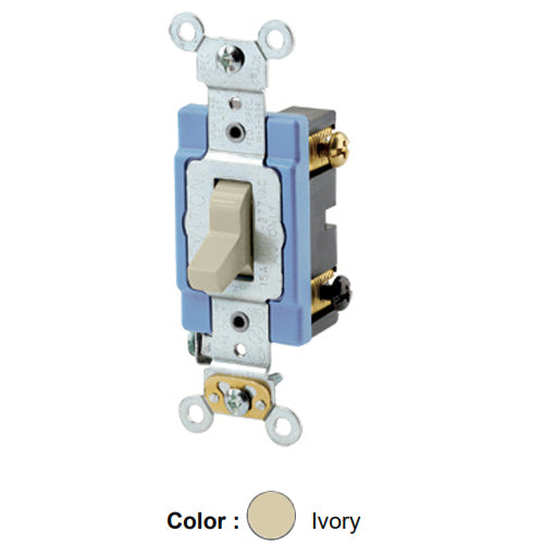 Leviton 1203-2I, Standard 3-Way AC Quiet Toggle Switch, Extra Heavy-Duty Industrial Specification Grade, 15A 120/277V AC, Self Grounding, Back & Side Wired, Ivory