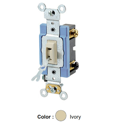 Leviton 1203-2IL, Tamper-Resistant (Key) Locking 3-Way AC Quiet Toggle Switch, Extra Heavy-Duty Industrial Specification Grade, 15A 120/277V AC, Self Grounding, Back & Side Wired, Ivory