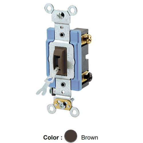 Leviton 1203-2L, Tamper-Resistant (Key) Locking 3-Way AC Quiet Toggle Switch, Extra Heavy-Duty Industrial Specification Grade, 15A 120/277V AC, Self Grounding, Back & Side Wired, Brown