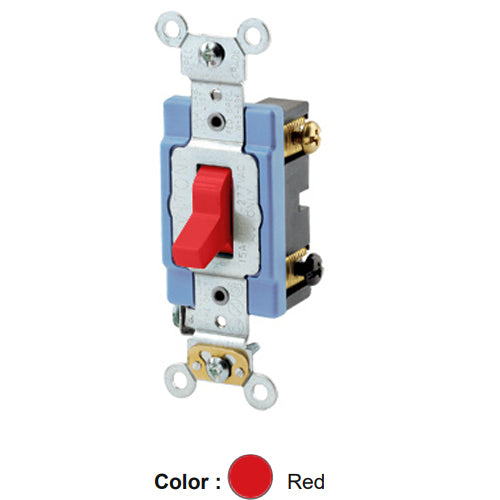 Leviton 1203-2R, Standard 3-Way AC Quiet Toggle Switch, Extra Heavy-Duty Industrial Specification Grade, 15A 120/277V AC, Self Grounding, Back & Side Wired, Red