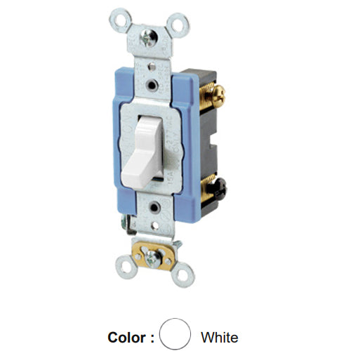Leviton 1203-2W, Standard 3-Way AC Quiet Toggle Switch, Extra Heavy-Duty Industrial Specification Grade, 15A 120/277V AC, Self Grounding, Back & Side Wired, White