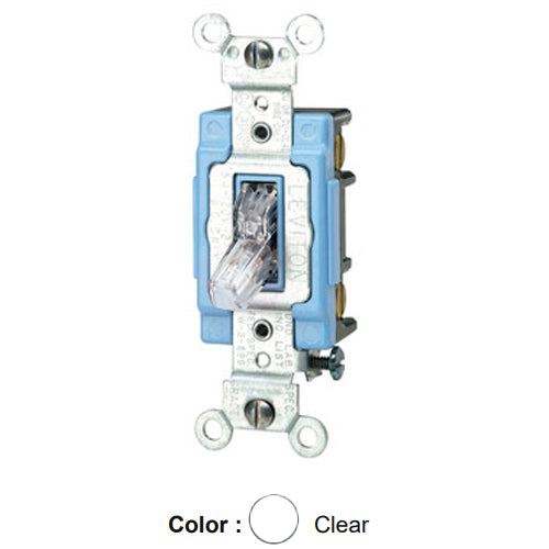 Leviton 1203-LHC, Illuminated OFF 3-Way AC Quiet Toggle Switch, Lighted Handle, Does Not Require a Neutral Wire, Industrial Grade, 15A 120V AC, Self Grounding, Back & Side Wired, Clear