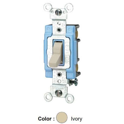 Leviton 1203-LHI, Illuminated OFF 3-Way AC Quiet Toggle Switch, Lighted Handle, Does Not Require a Neutral Wire, Industrial Grade, 15A 120V AC, Self Grounding, Back & Side Wired, Ivory
